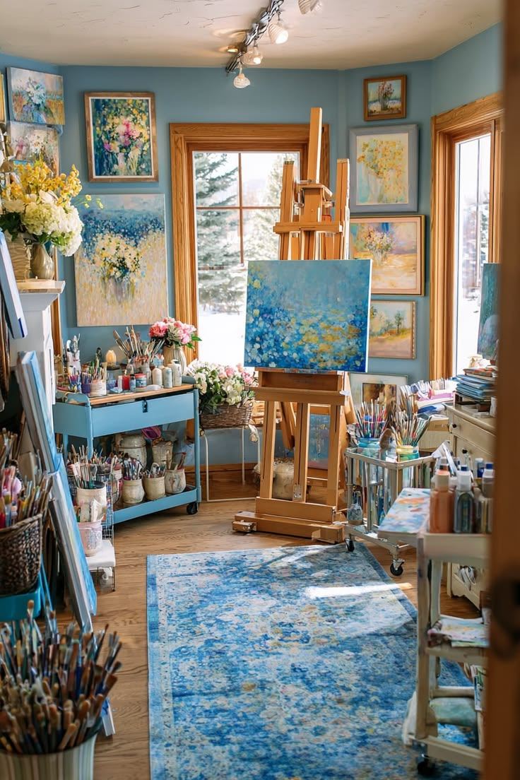 A bright art studio with easels, paintings and brushes
