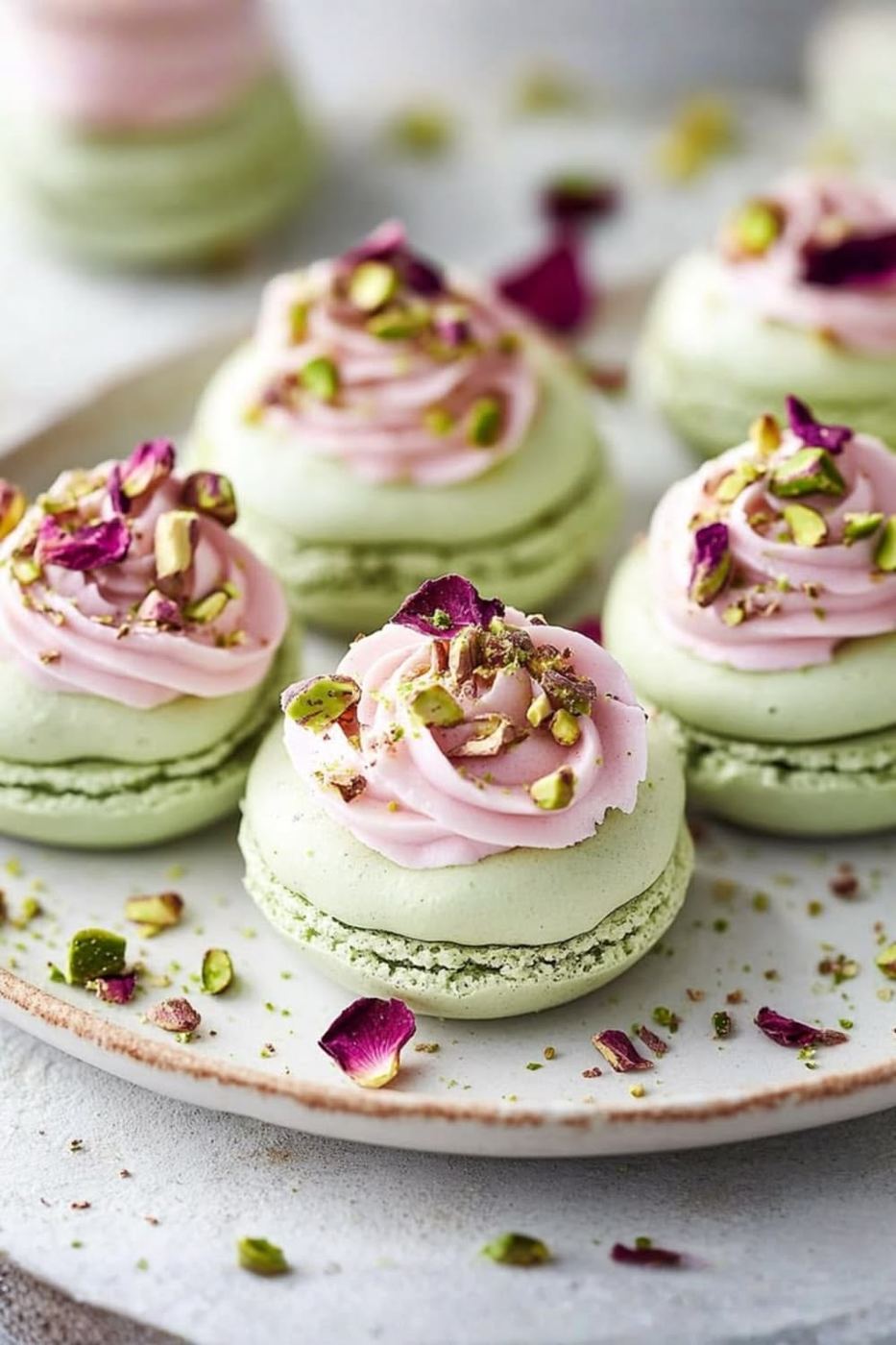 Pistachio and rose sandwich cookies topped with pink cream, crushed pistachios and rose petals