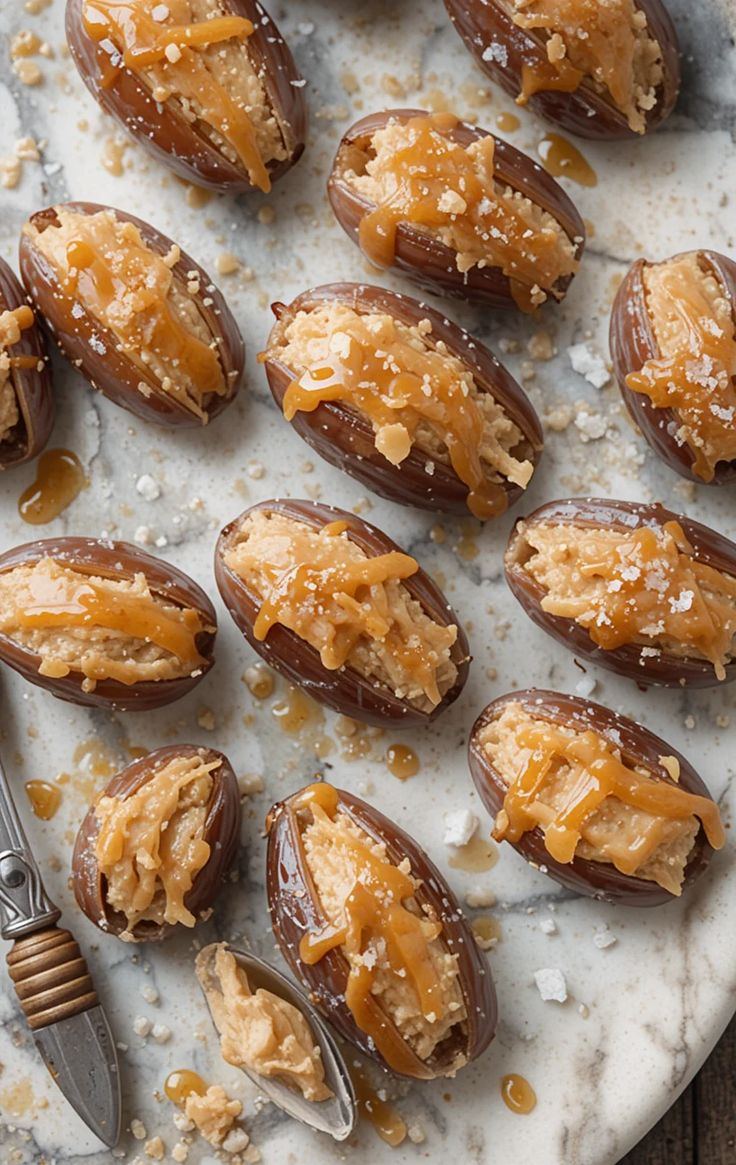 Dates filled with brown butter caramel and flaky salt