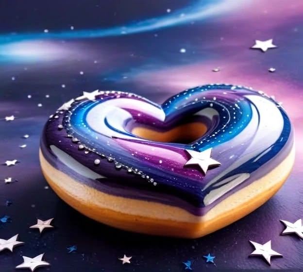 Heart-shaped treat iced in purple and blue galaxy swirls with star sprinkles