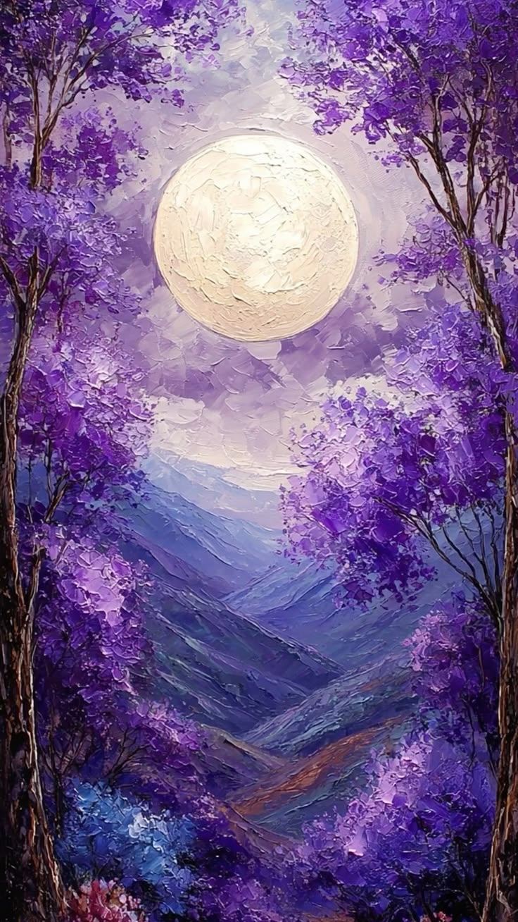 Lavender Moon, a painting of a full moon over purple trees and mountains