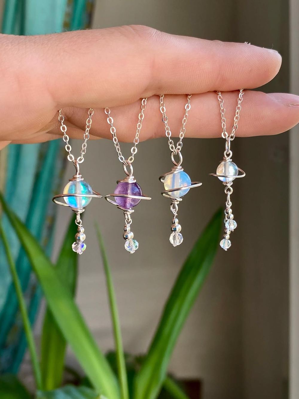 Planet Charms, clay planet pendants with rings on silver chains