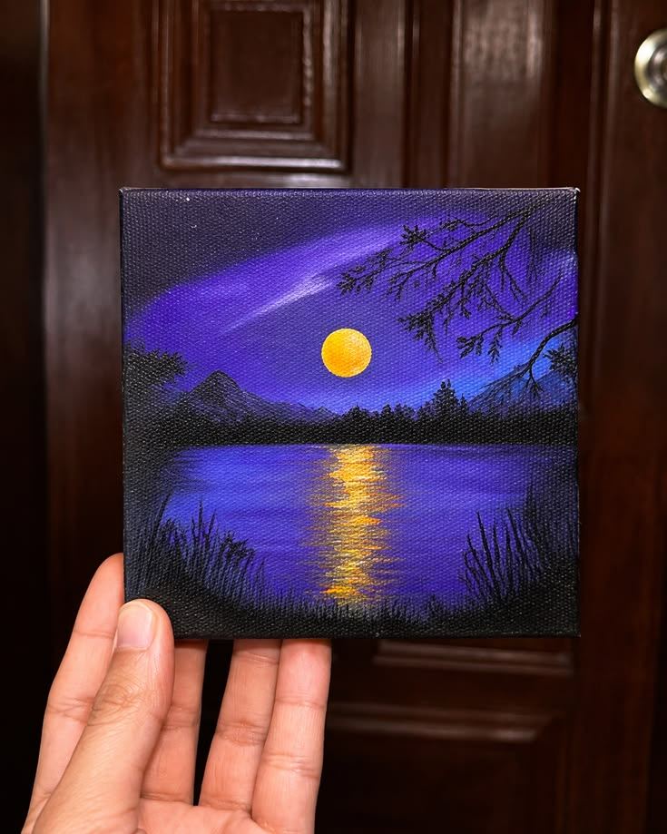 Lake at Dusk, a mini canvas of a moon reflected on a purple lake