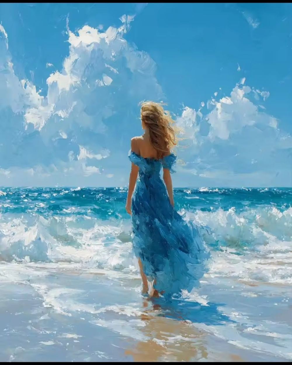 Beach Day, a painting of a woman in a blue dress walking into the waves